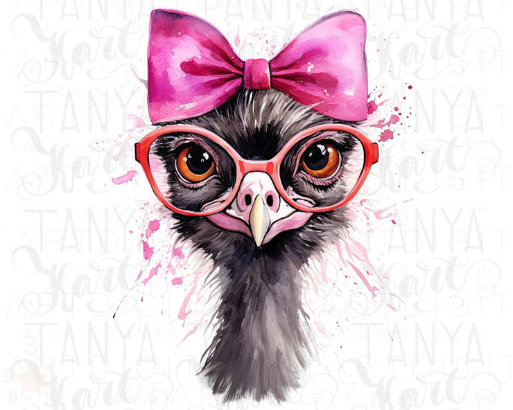 Funny Ostrich PNG with Pink Bow & Glasses