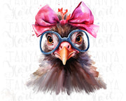 Funny Chicken with Pink Bow and Glasses PNG Sublimation Design