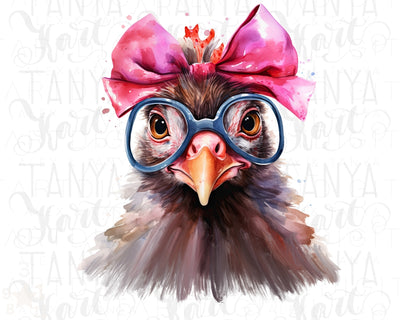 Funny Chicken with Pink Bow and Glasses PNG Sublimation Design