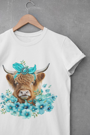 Western Highland Cow With Turquoise Flowers