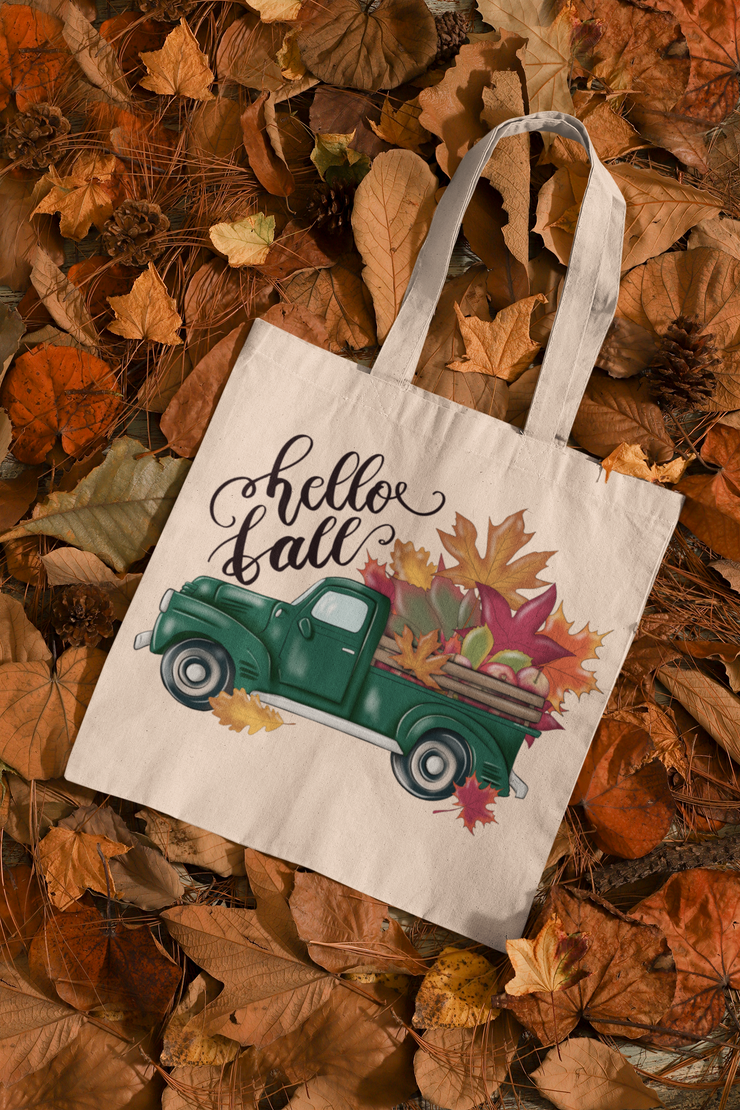 Hello Fall Truck Png Digital Download for Sublimation, Autumn Green Truck with Orange Leaves Digital Image