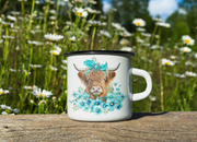 Western Highland Cow With Turquoise Flowers