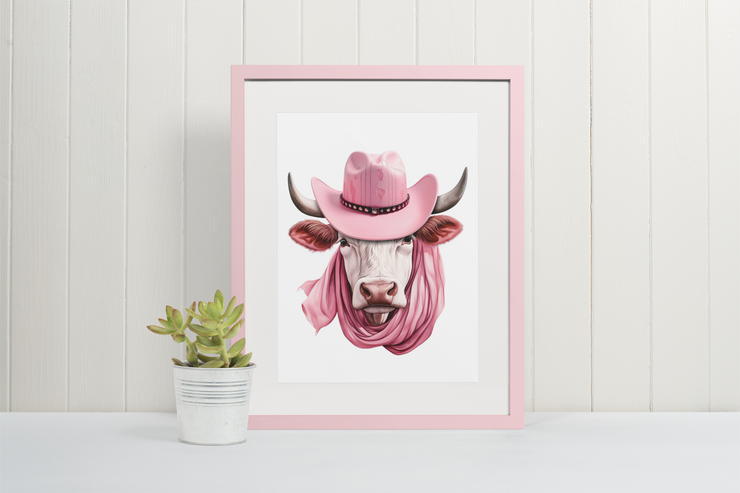 Pink Highland Cow with Cowgirl Hat PNG