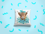 Western Highland Cow With Turquoise Flowers