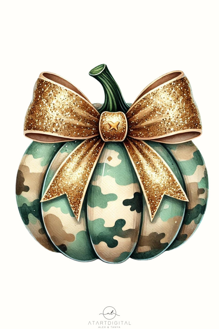 Camouflage Pumpkin Sublimation PNG | Coquette Bow Fall Design for Trendy Autumn Crafting & Girls' Fall Decor, Camo Pumpkin PNG, Sublimation