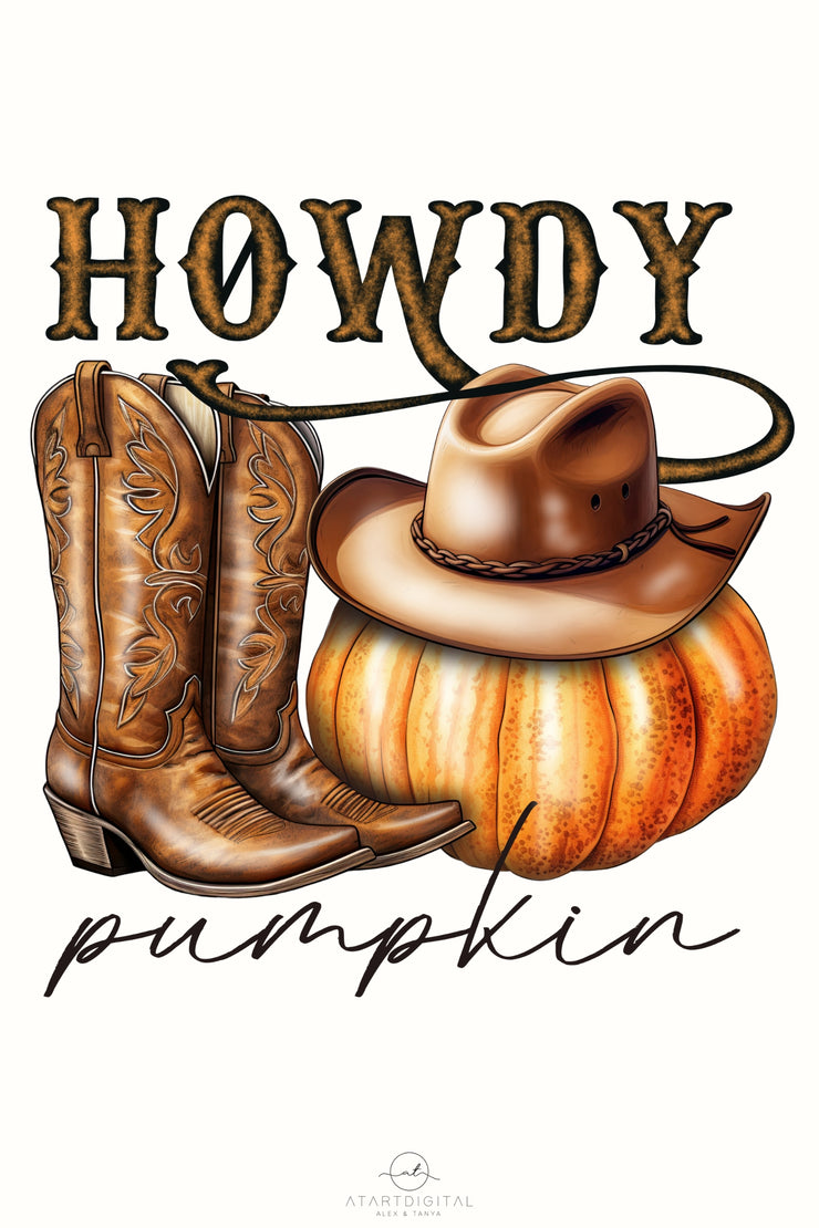 Western Howdy Pumpkin PNG: Retro Fall Sublimation Design for Halloween and Thanksgiving