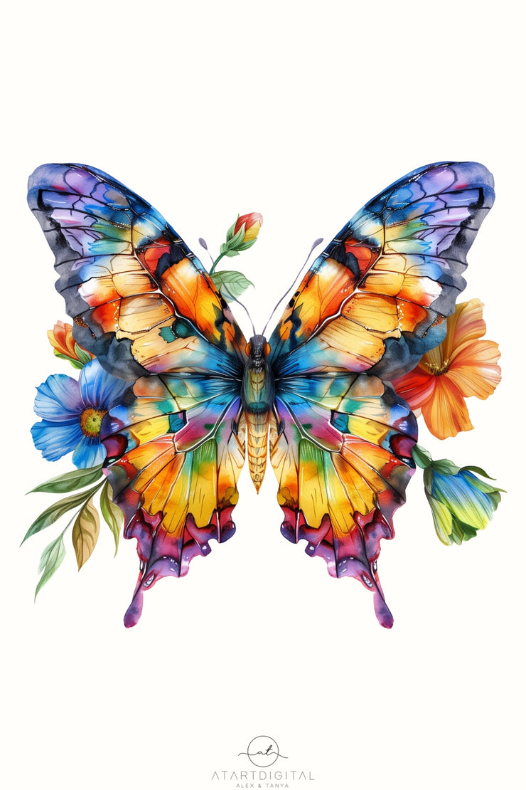 Watercolor Flowers and Butterfly PNG Digital Download for Sublimation