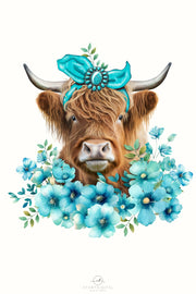 Western Highland Cow With Turquoise Flowers