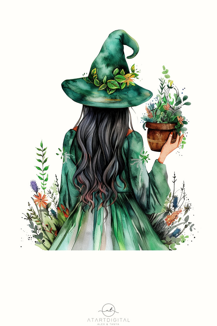 Plant Witch PNG Digital Print for Dark Academia Crafting, Transparent Sublimation Design, Green Witch for Card Making, DTF PNG File