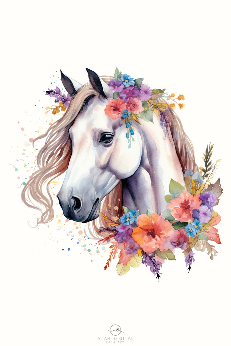 White Horse With Flowers Png for Sublimation