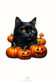 Black Cat with Pumpkins PNG Digital Prints for Fall Sublimation Crafting, Cat Lover PNG Designs, Black Cat and Pumpkin Crafting File