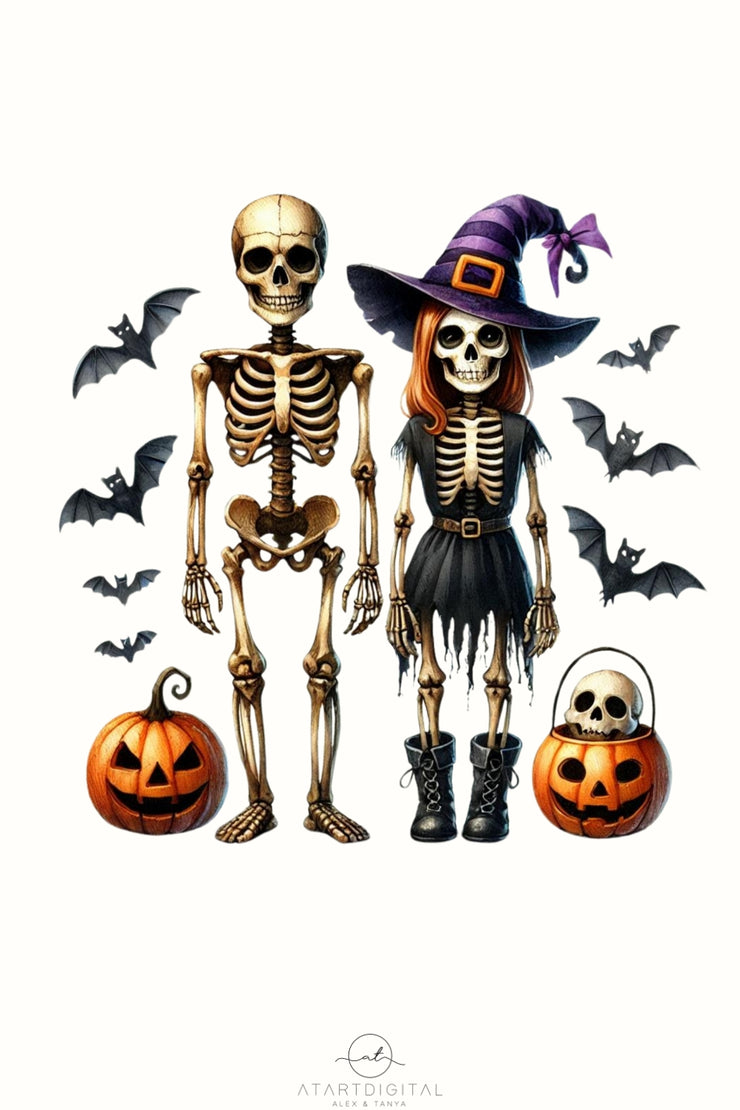 Halloween Skeleton Couple PNG Digital Prints for Card Making and Crafting, Hey Boo Sublimation, Transparent Designs, His and Hers