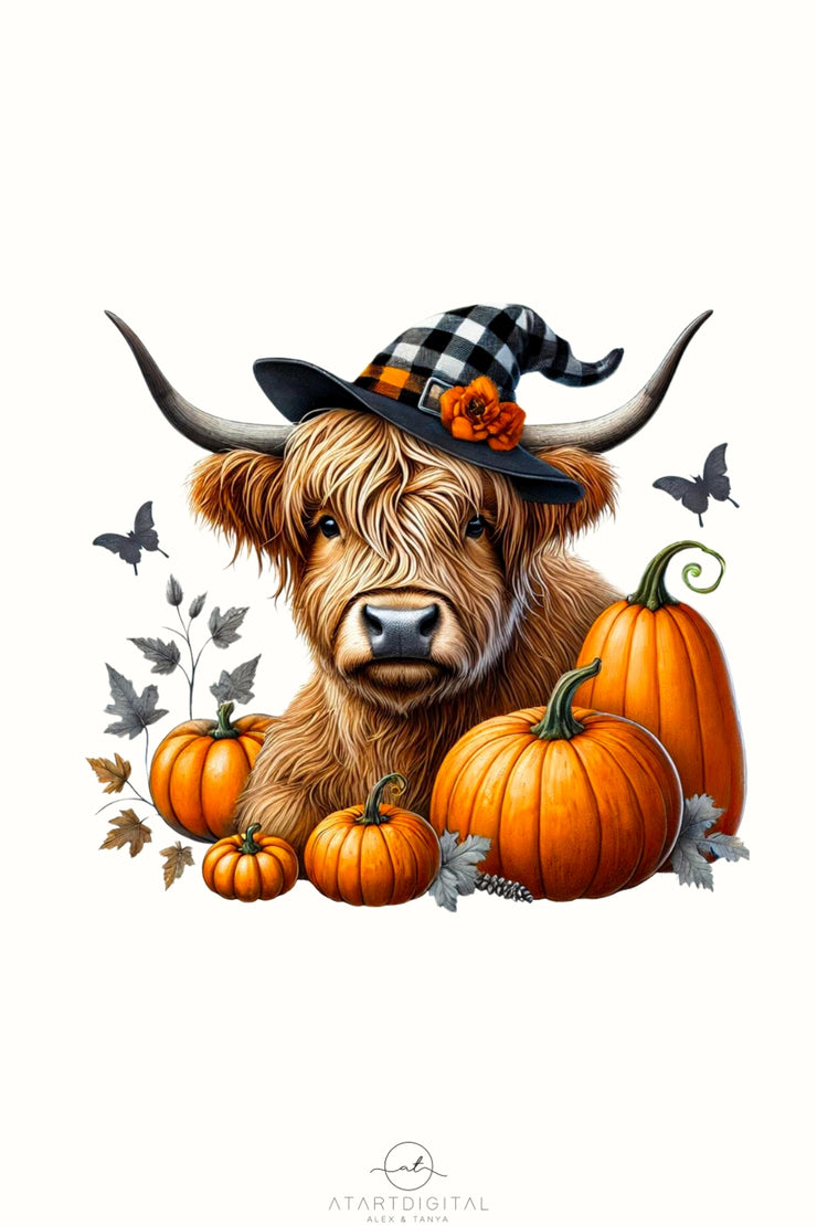 Autumn Highland Cow Digital Print for Crafting and Card Making, PNG Fall Pumpkin & Thanksgiving Sublimation Design for Tshirt, Tumbler