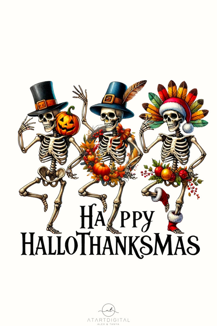 Happy Hallothanksmas Skeletons, Funny PNG Digital Downloads for Crafting Projects, Dancing Skeletons for Card Making and Tshirt Designs