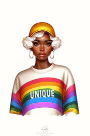Unique Afro Girl, Rainbow Sticker, Black Queen Magic, Instant Download PNG