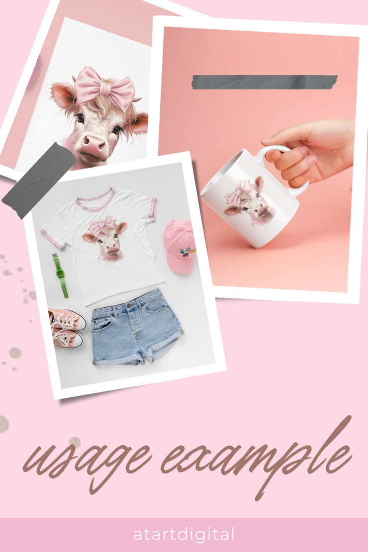 Little Pink Cow PNG Digital Download for Sublimation