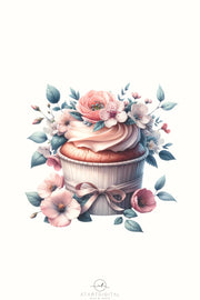 Watercolor Cupcake Sublimation Prints, Floral PNG Design