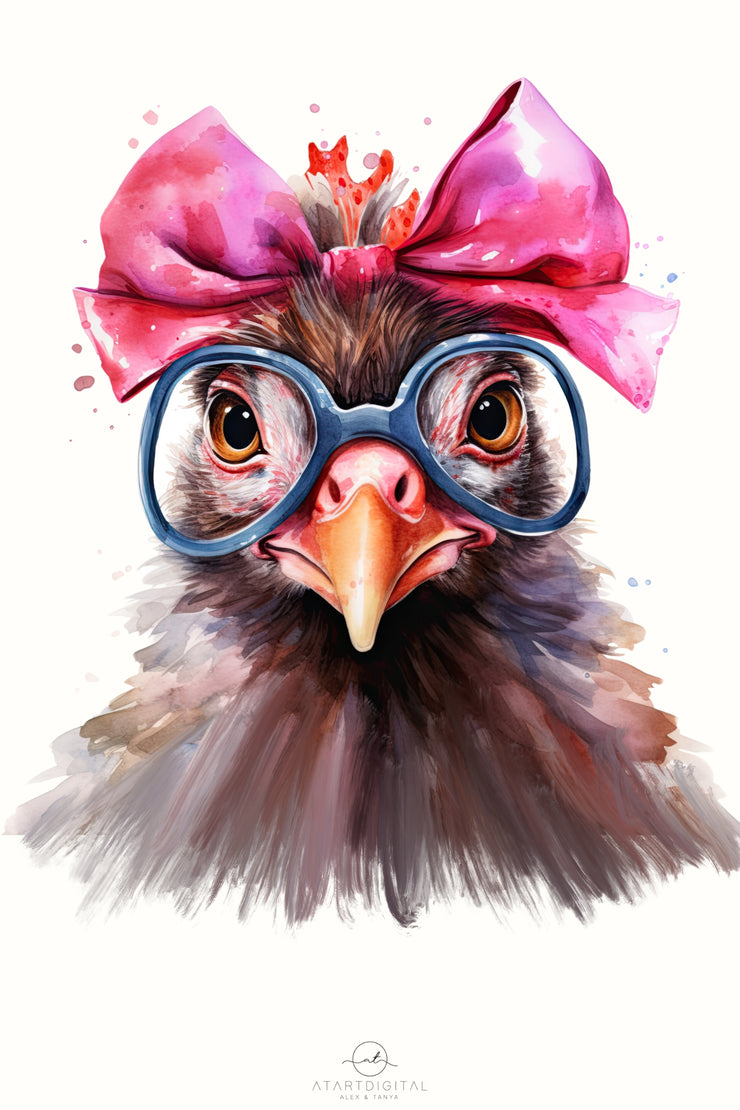 Funny Chicken with Pink Bow and Glasses PNG Sublimation Design