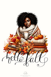 Hello Fall PNG, Autumn Black Girl, Digital Print for Card Making and Tshirt Design,Fall Vibes Transparent Design, Pumpkin Season Sublimation