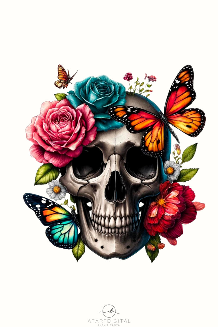 Gothic Skull and Flowers Digital Print - Sublimation Design