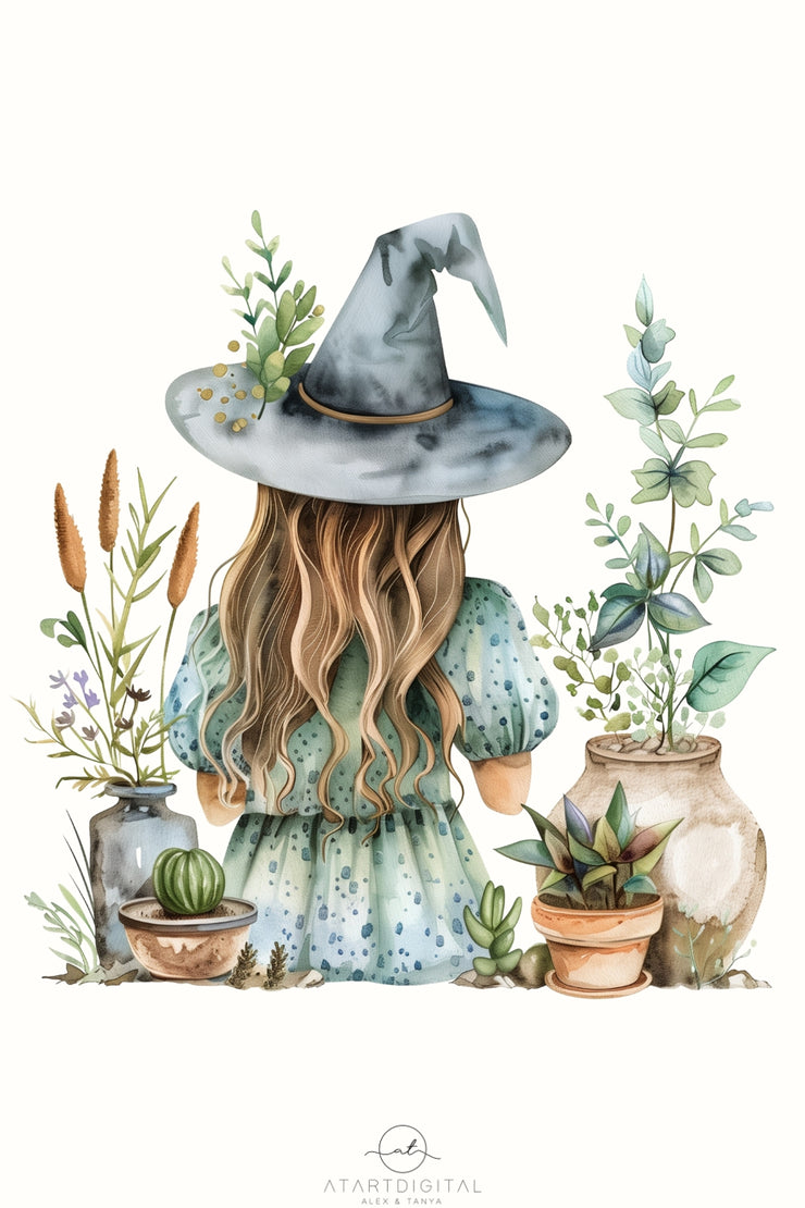 Gardening Witch PNG, Digital Prints, Mystical Artwork, Plant Lover Designs