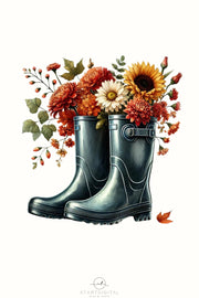 Rain Boots with Flowers & Floral Bouquet PNG, Cozy Autumn Digital Print, PNG Design, Transparent Sublimation, Rubber Boots PNG