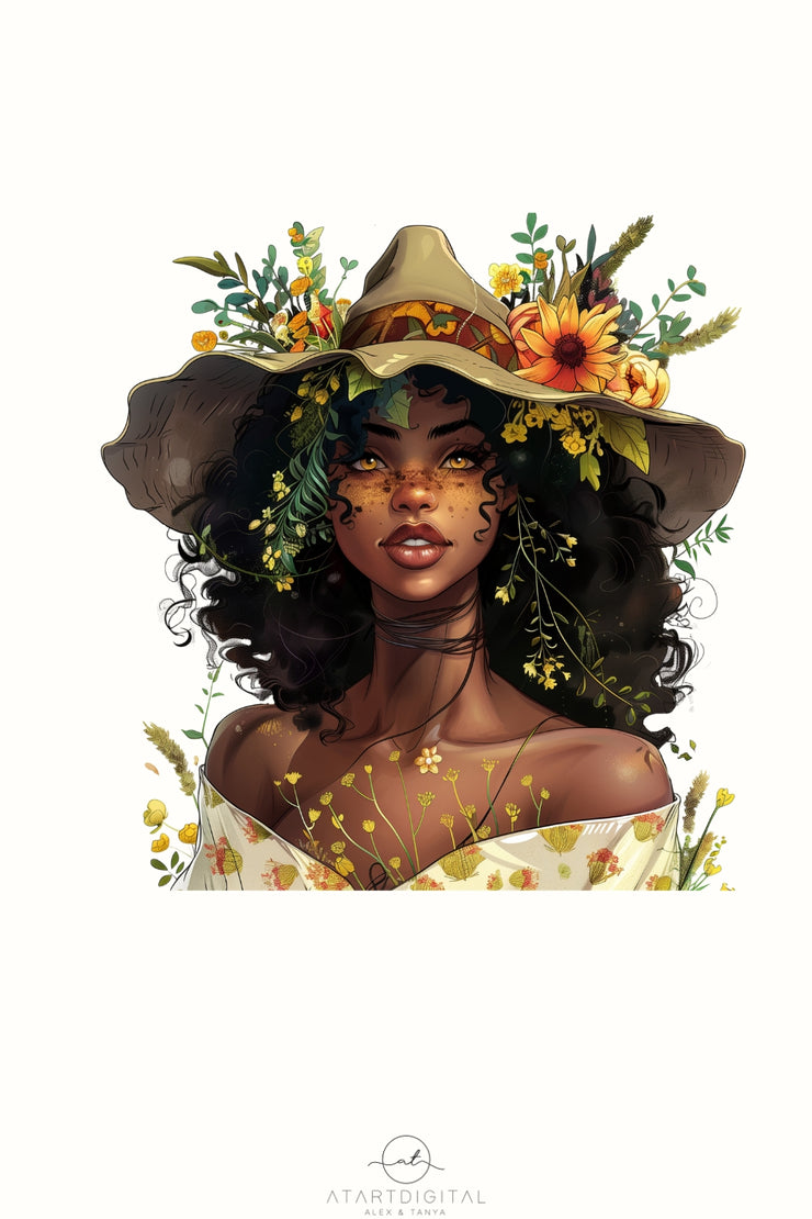 Melanin Autumn Witch PNG Design, Digital Prints for Crafting, Card Making, Sublimation African American Art, Black Woman Graphic Transparent