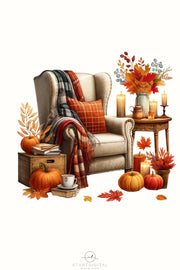 Autumn Book Nook Digital Print, Sublimation Prints, Crafting File, Cozy Fall PNG Design, Digital Downloads for Autumn Sticker, Transparent