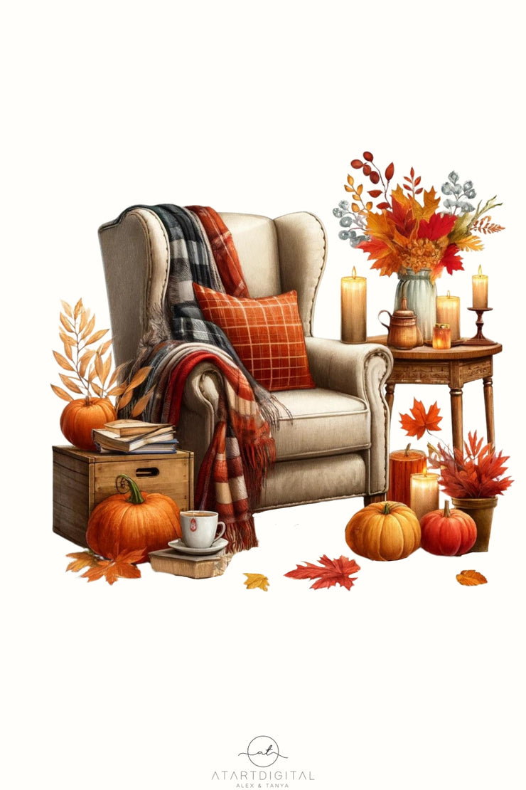 Autumn Book Nook Digital Print, Sublimation Prints, Crafting File, Cozy Fall PNG Design, Digital Downloads for Autumn Sticker, Transparent