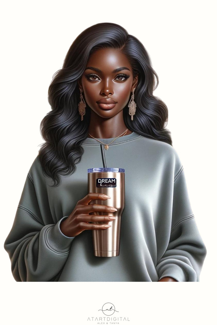 Melanin Woman with Tumbler, Black Girl Png Sublimation Design