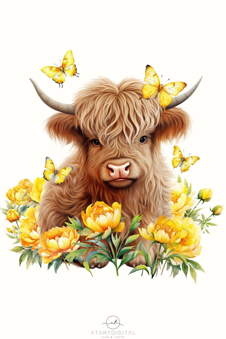 Little Cow With Peonies, Highland Cow Printable Art Sublimation PNG