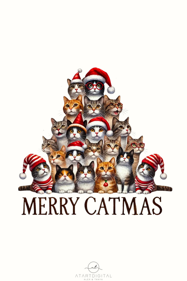 Merry Catmas Digital Print, Transparent Design for Sublimation and Card Crafting, Christmas Animal PNG Digital Download for Tshirt Printing