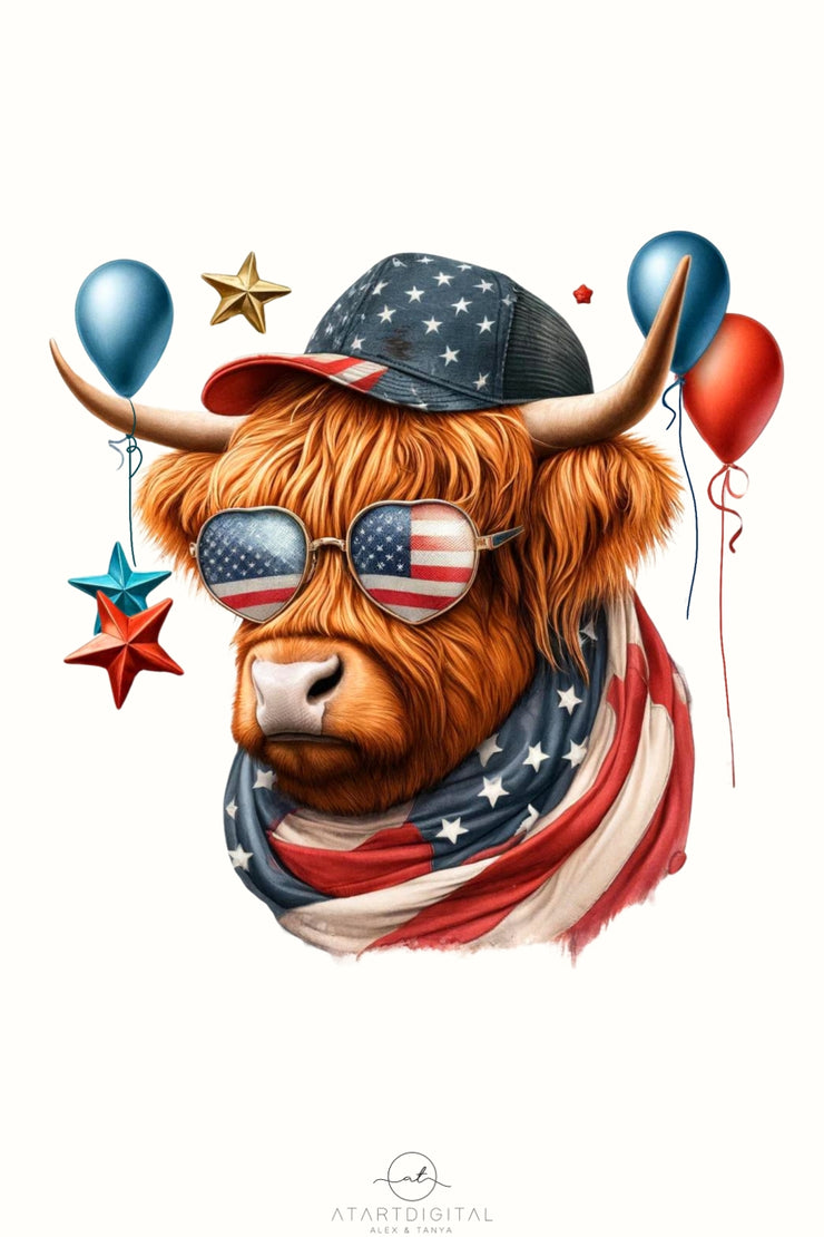 Patriotic Highland Cow Sublimation Design | Independence Day