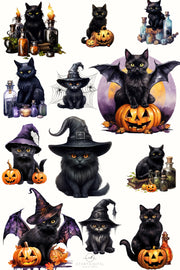 Halloween Black Cats Digital Download Clipart: Witch Cats Designs for Sublimation, for Shirts, Transfers, Junk Journals, Mystical Png Cats