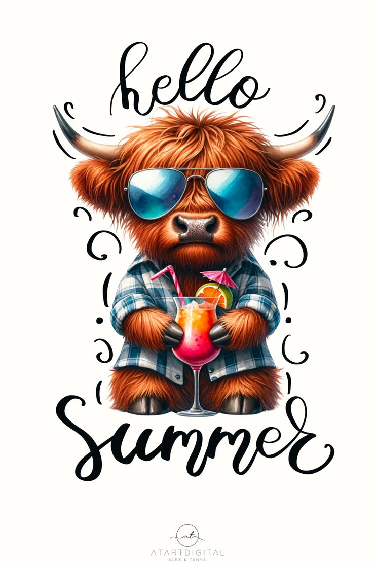 Hello Summer, Highland Cow Art, Tshirt Design Sublimation PNG