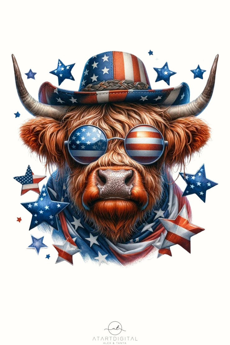 Highland Cow with Sunglasses, Memorial Day Freedom PNG