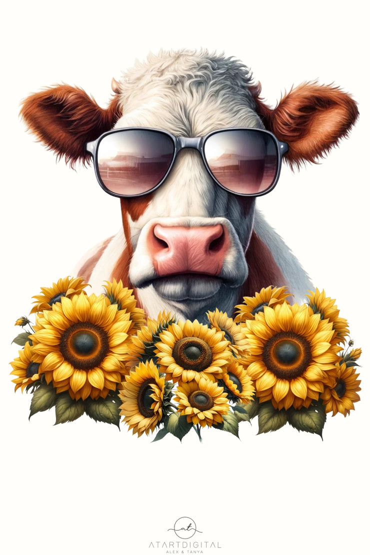 Sunflower Cow Sublimation Design, Farm Animals PNG