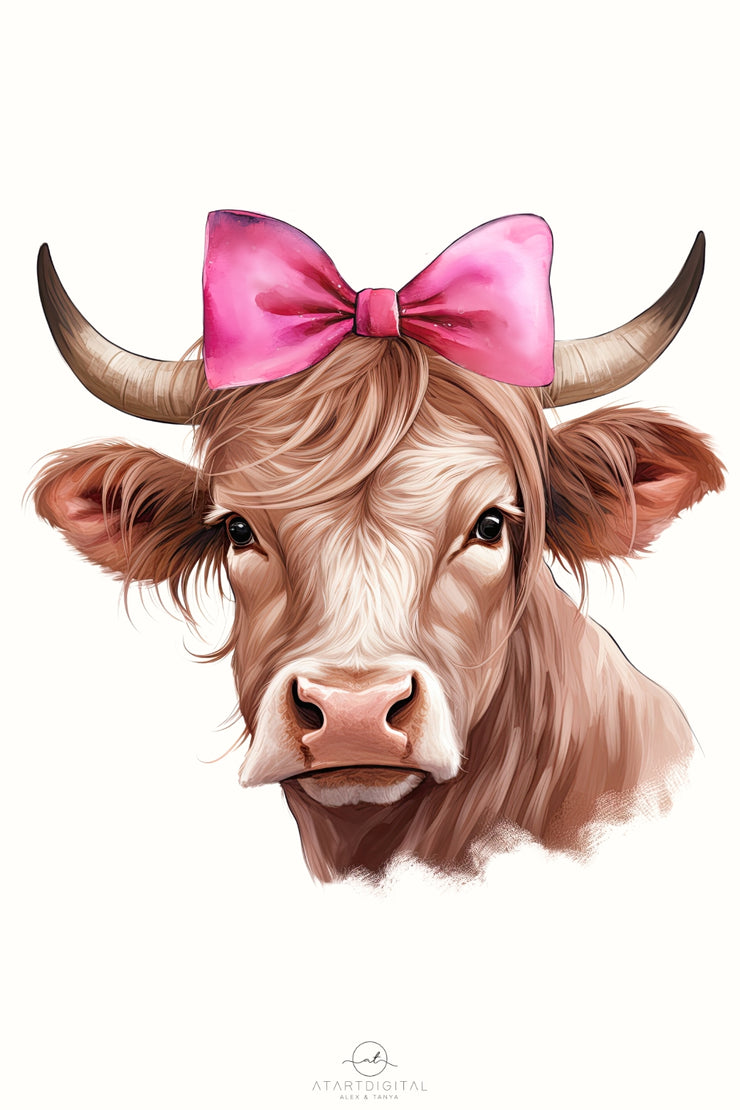 Cow with Pink Bow: Farm Animal Sublimation Design