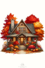 Autumn House PNG, Fall Leaves Sublimation Print, Crafting Files for Cozy Autumn Vibes, Autumn Tree Print, Transparent PNG Designs