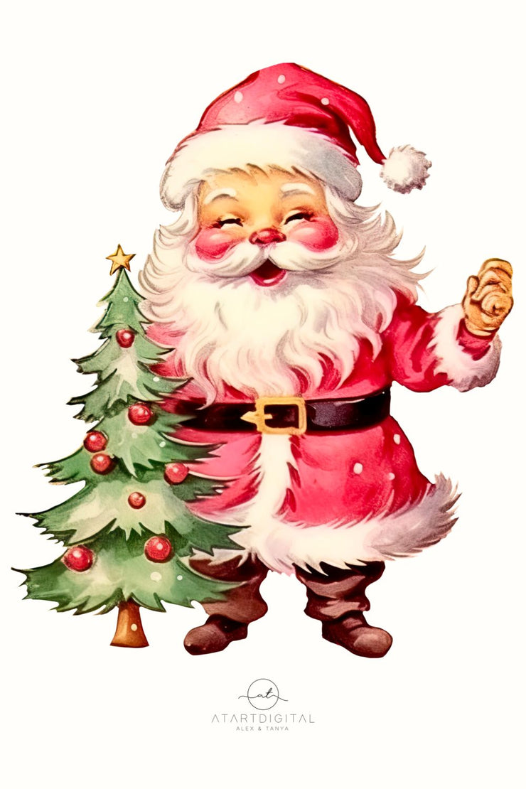 Retro Santa Art with Pine Tree PNG Download for Sublimation Graphics