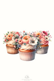 Watercolor Dessert Prints, Floral Cupcakes Png Instant Digital Download