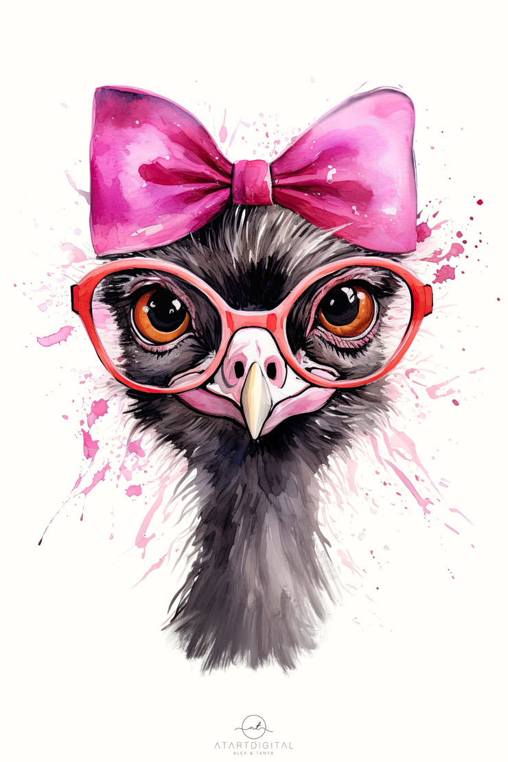 Funny Ostrich PNG with Pink Bow & Glasses