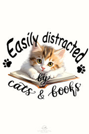 Easily Distracted By Cats And Books Png Instant Download, White Cat On Books