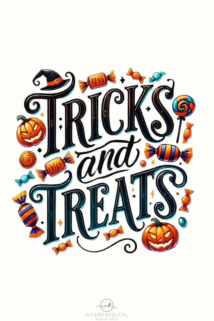 Halloween Tricks and Treats, Digital Downloads for Cards & Shirts, Retro Halloween PNG, Spooky Vibes, Sublimation Designs for Card Making