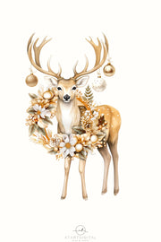 Christmas Deer Art Print, Winter Wreath Sublimation Download