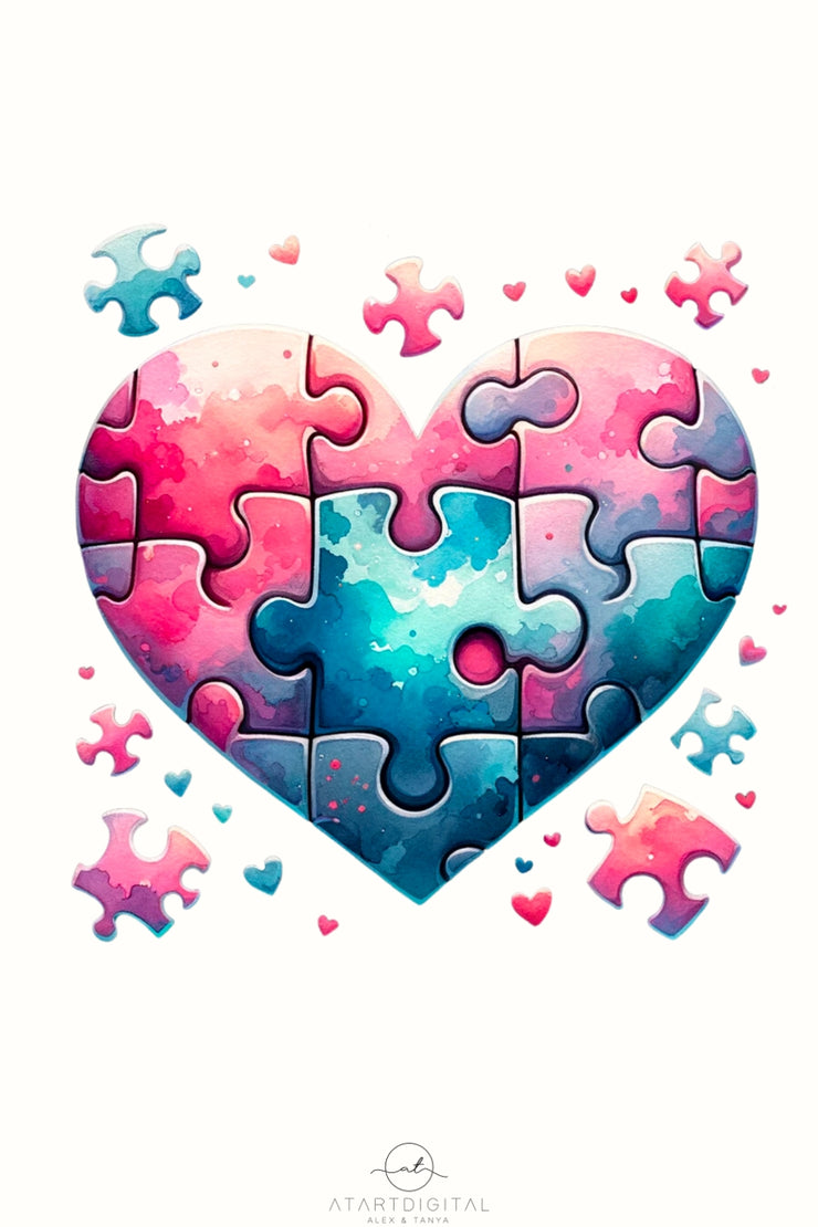 Watercolor Valentine, Heart Puzzle, Digital Download