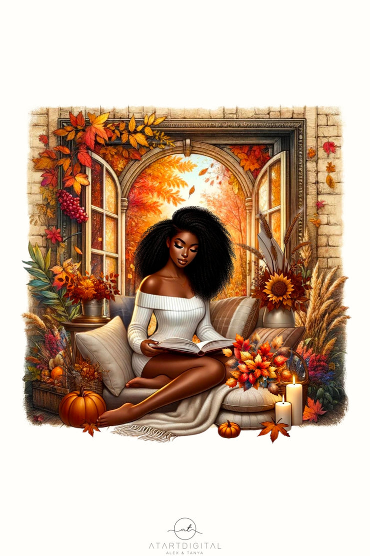 Autumn Reading Digital Print, Sublimation PNG for Crafting & Card Making, Fall Vibes Tshirt Designs, Transparent Autumn, Black Woman Autumn