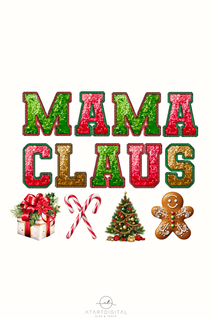 Mama Claus PNG, Embroidered Letters Mama Claus for Shirt