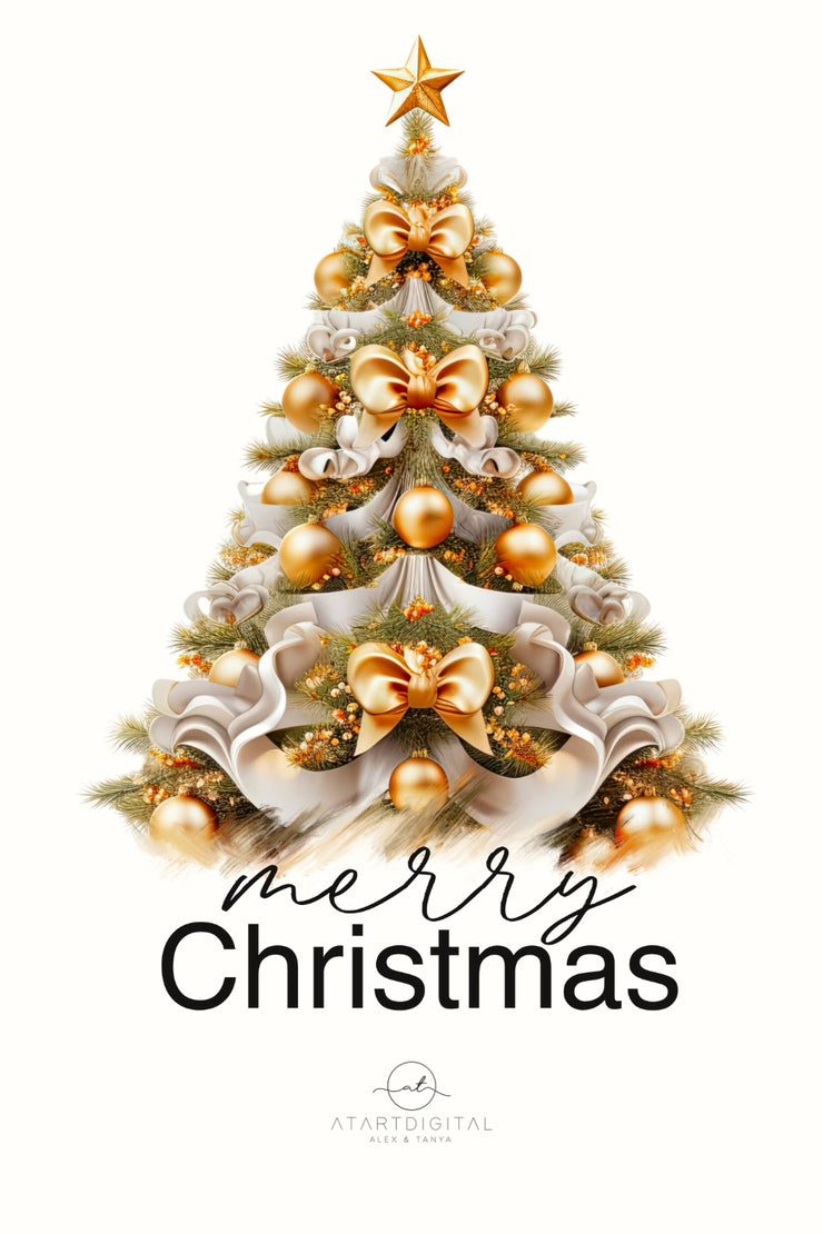 Merry Christmas Gold Tree Png, Sublimation Print for Seasonal Artwork