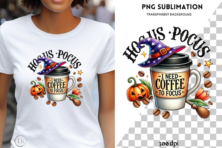 Hocus Pocus I Need Coffee to Focus PNG, Halloween Digital File for Sublimation Wraps, Coquette Halloween Mug, Pumpkin Spice Latte Cup